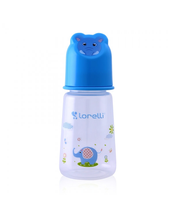 Dojčenská fľaštička Lorelli 125 ml s vikom v tvare zvieraťa, blue